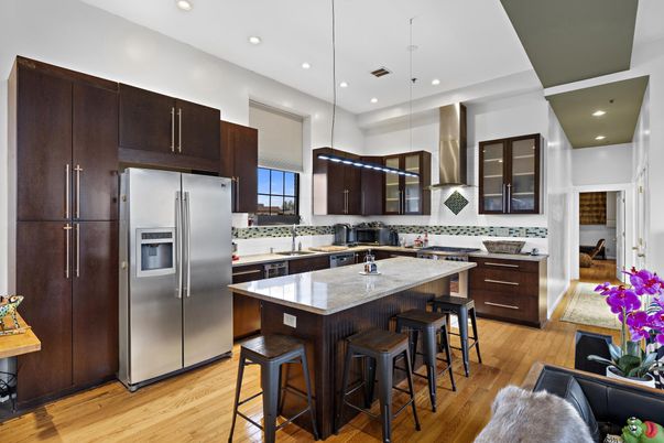 Interior, Kitchen, Pendant Lights, Recessed Lighting, Stainless Steel Appliances, Wood Texture Flooring