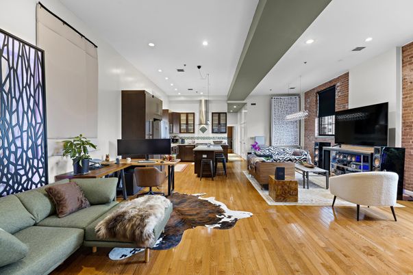Dining room, Fireplace, Interior, Kitchen, Living room, Pendant Lights, Recessed Lighting, Stainless Steel Appliances, Stone Walls, Wood Texture Flooring