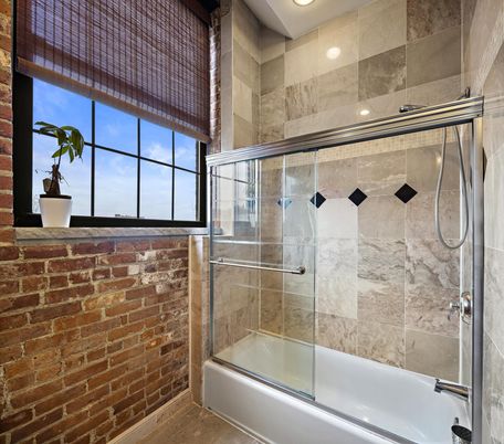 Bathroom, Glass Shower, Interior, Recessed Lighting, Stone Walls