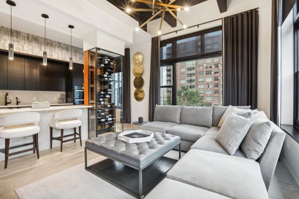 Interior, Kitchen, Living room, Pendant Lights, Recessed Lighting, Wine Storage, Wood Texture Flooring