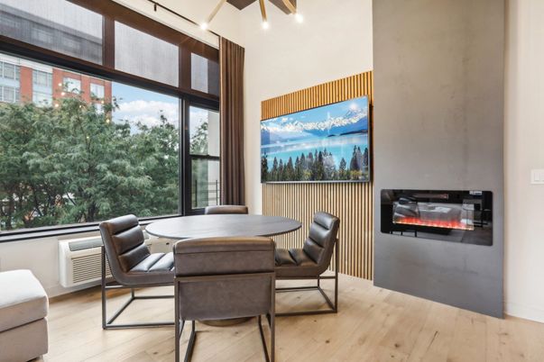 Dining room, Fireplace, Interior, Pendant Lights, Wood Texture Flooring