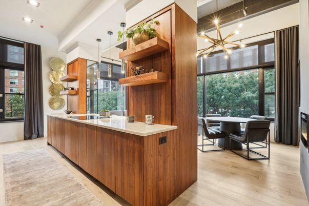 Dining room, Interior, Pendant Lights, Recessed Lighting, Wood Texture Flooring