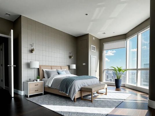 Bedroom, Interior, Recessed Lighting, Wood Texture Flooring