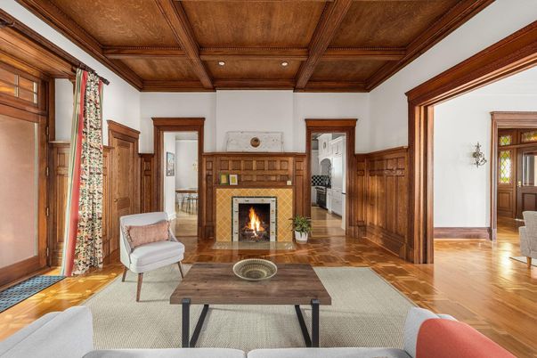 Fireplace, Interior, Living room, Recessed Lighting, Wooden Beams, Wooden Ceilings, Wood Texture Flooring