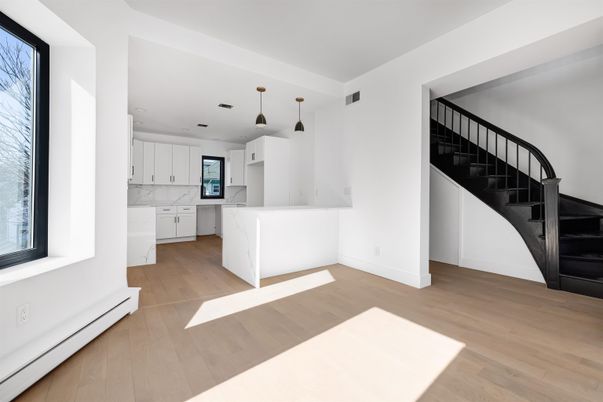 Interior, Kitchen, Marble Walls, Pendant Lights, Wood Texture Flooring