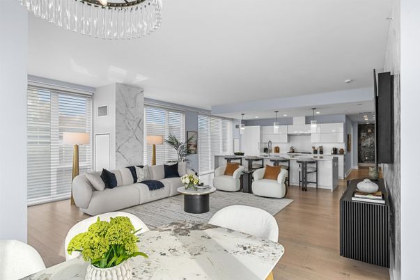 Dining room, Interior, Kitchen, Living room, Marble Walls, Pendant Lights, Recessed Lighting, Wood Texture Flooring