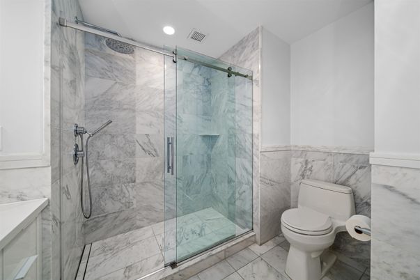 Bathroom, Glass Shower, Interior, Marble, Marble Walls, Recessed Lighting