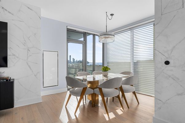 Dining room, Interior, Marble Walls, Pendant Lights, Wood Texture Flooring