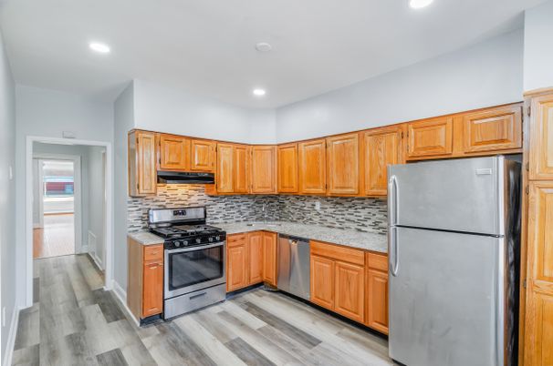 Interior, Kitchen, Recessed Lighting, Stainless Steel Appliances, Wood Texture Flooring