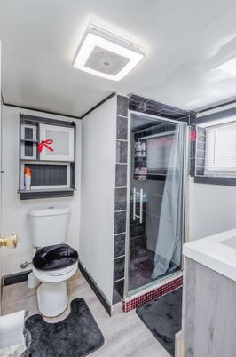Bathroom, Glass Shower, Interior, Wood Texture Flooring