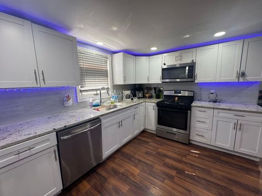 Interior, Kitchen, Recessed Lighting, Stainless Steel Appliances, Wood Texture Flooring