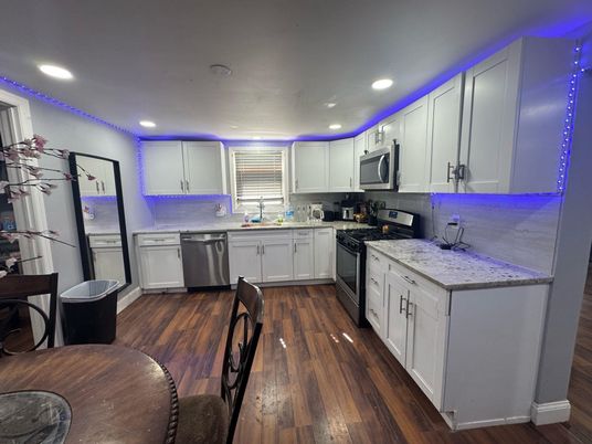 Interior, Kitchen, Recessed Lighting, Stainless Steel Appliances, Wood Texture Flooring