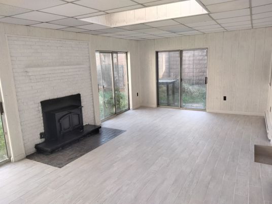 Empty room, Fireplace, Interior, Stone Walls, Wood Texture Flooring
