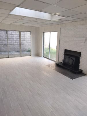 Empty room, Fireplace, Interior, Stone Walls, Wood Texture Flooring