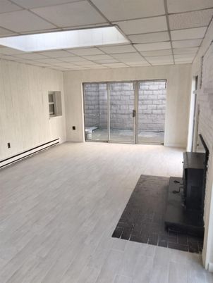 Empty room, Fireplace, Interior, Stone Walls, Wood Texture Flooring