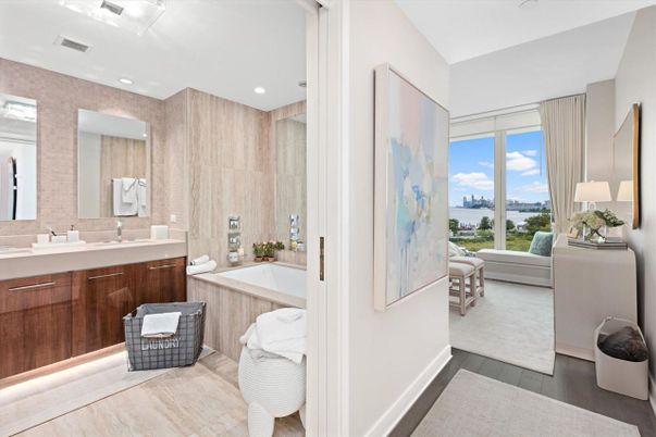 Bathroom, Interior, Recessed Lighting, Water, Wood Texture Flooring