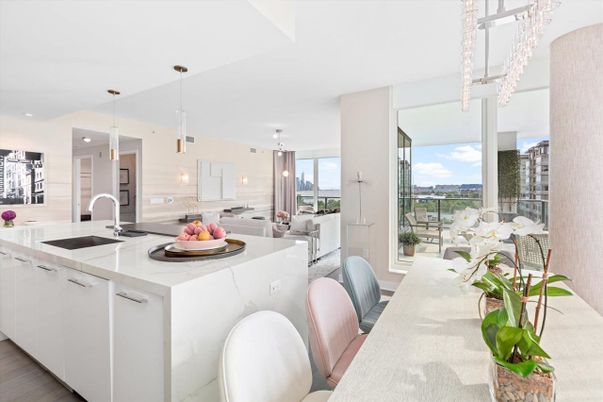 Dining room, Interior, Kitchen, Pendant Lights, Recessed Lighting, Stainless Steel Appliances, Water, Wood Texture Flooring