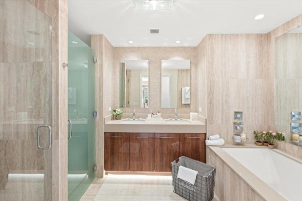 Bathroom, Dual Sink Vanities, Glass Shower, Interior, Recessed Lighting