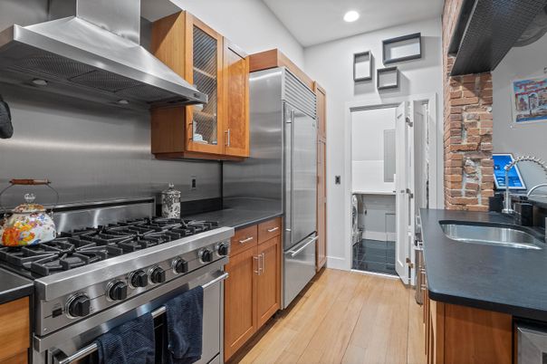 Interior, Kitchen, Recessed Lighting, Stainless Steel Appliances, Wood Texture Flooring