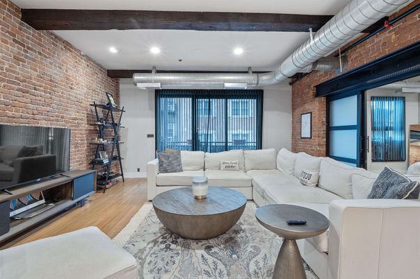 Interior, Living room, Recessed Lighting, Stone Walls, Wooden Beams, Wood Texture Flooring