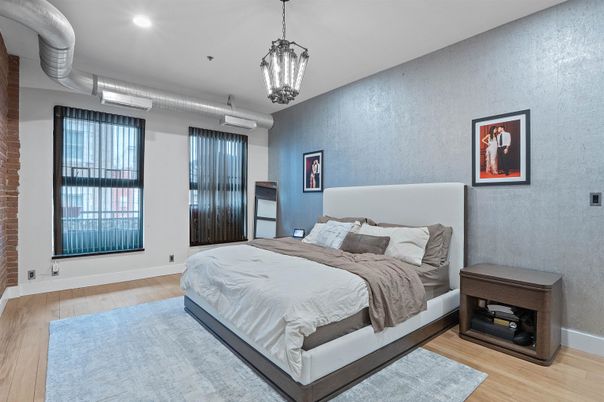 Bedroom, Interior, Pendant Lights, Recessed Lighting, Wood Texture Flooring