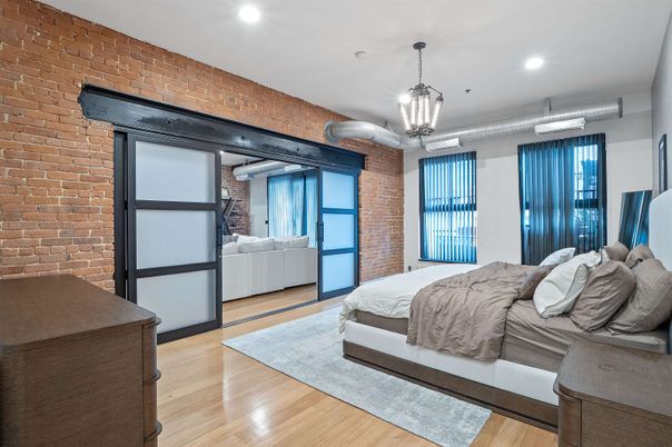 Bedroom, Interior, Pendant Lights, Recessed Lighting, Stone Walls, Wood Texture Flooring