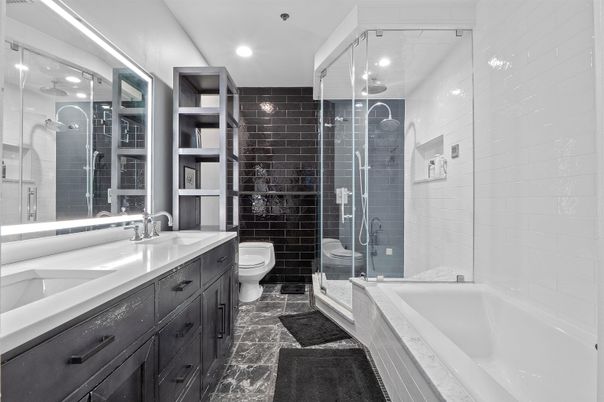 Bathroom, Dual Sink Vanities, Glass Shower, Interior, Recessed Lighting