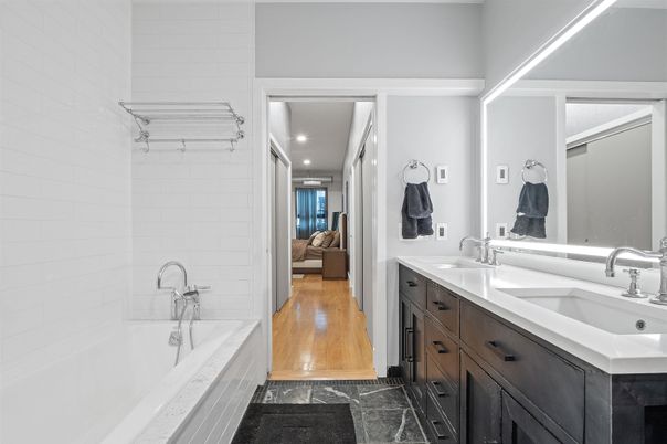 Bathroom, Dual Sink Vanities, Interior, Recessed Lighting, Wood Texture Flooring