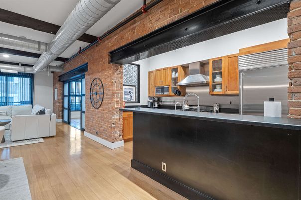 Interior, Kitchen, Recessed Lighting, Stainless Steel Appliances, Stone Walls, Wooden Beams, Wood Texture Flooring