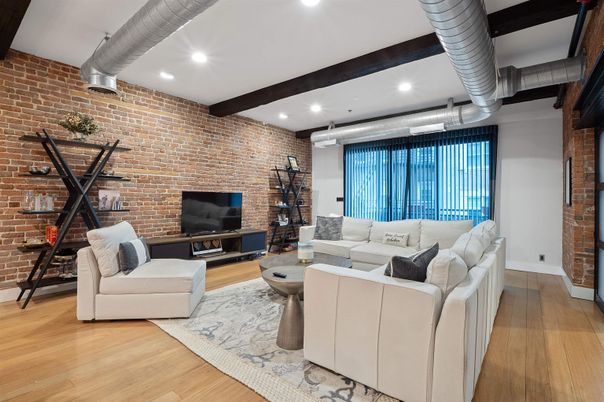 Interior, Living room, Recessed Lighting, Stone Walls, Wooden Beams, Wood Texture Flooring