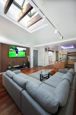Interior, Living room, Recessed Lighting, Wood Texture Flooring