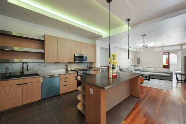 Interior, Kitchen, Living room, Pendant Lights, Recessed Lighting, Stainless Steel Appliances, Wood Texture Flooring