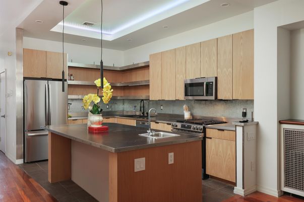 Interior, Kitchen, Recessed Lighting, Stainless Steel Appliances, Wood Texture Flooring