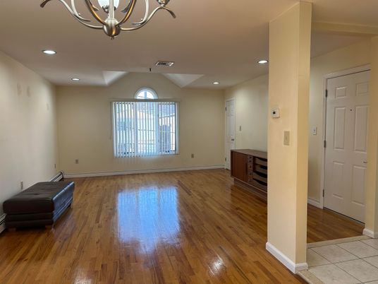 Chandelier, Empty room, Interior, Recessed Lighting, Wood Texture Flooring