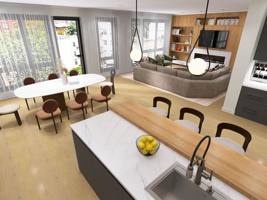Dining room, Interior, Living room, Pendant Lights, Recessed Lighting, Wood Texture Flooring