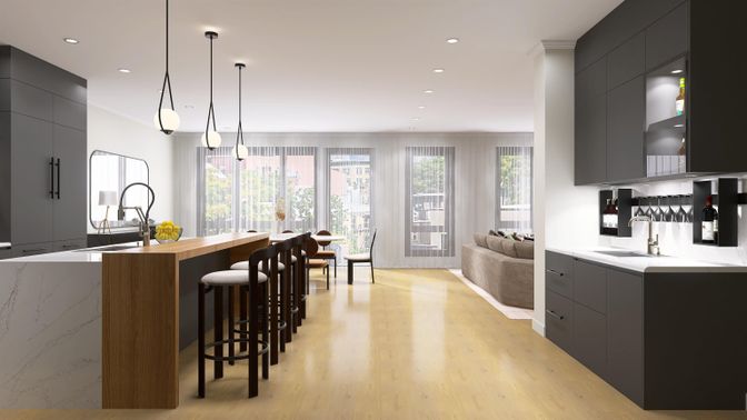 Interior, Kitchen, Pendant Lights, Recessed Lighting, Wood Texture Flooring