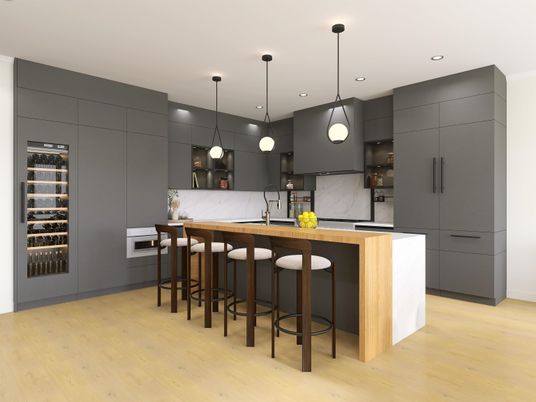 Interior, Kitchen, Marble Walls, Pendant Lights, Recessed Lighting, Wood Texture Flooring