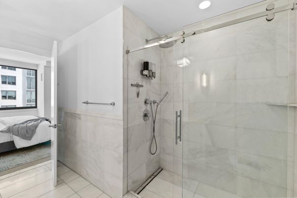 Bathroom, Glass Shower, Interior, Marble Walls, Recessed Lighting