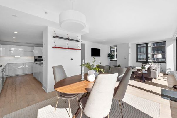 Dining room, Interior, Kitchen, Living room, Pendant Lights, Recessed Lighting, Stainless Steel Appliances, Wood Texture Flooring