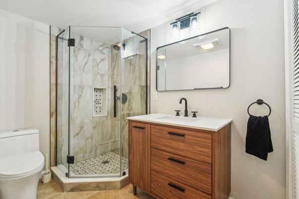Bathroom, Glass Shower, Interior, Marble Walls
