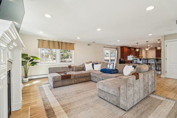 Fireplace, Interior, Kitchen, Living room, Pendant Lights, Recessed Lighting, Wood Texture Flooring