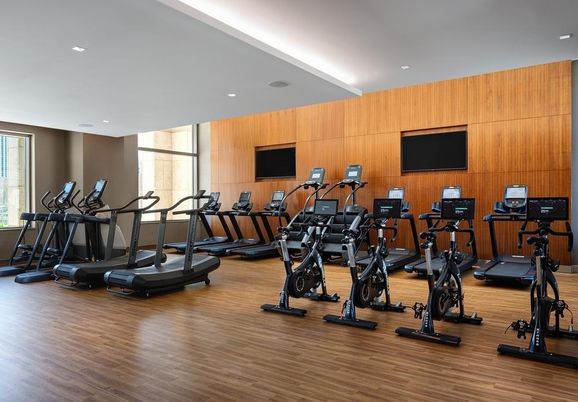 Fitness Equipment, Gym, Interior, Recessed Lighting, Wood Texture Flooring, Wooden Walls