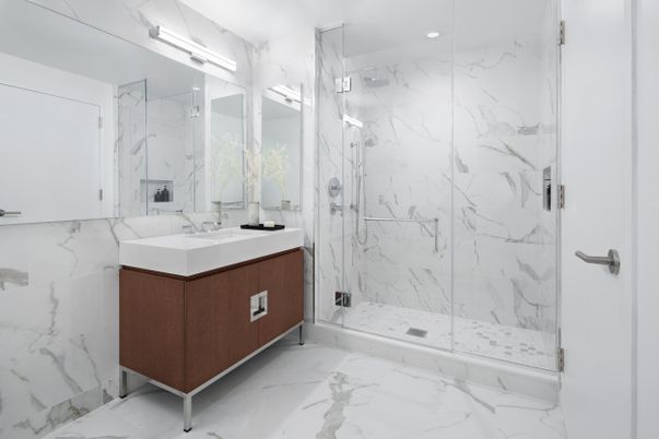 Bathroom, Glass Shower, Interior, Marble, Marble Walls, Recessed Lighting