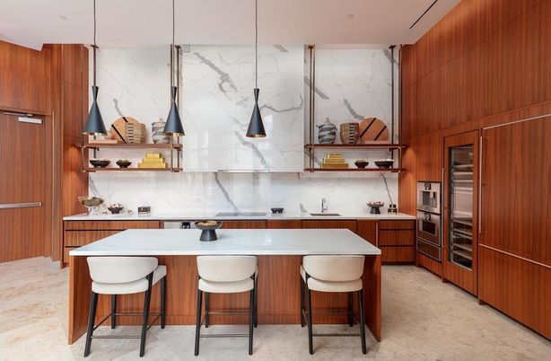 Interior, Kitchen, Marble Walls, Pendant Lights, Stainless Steel Appliances