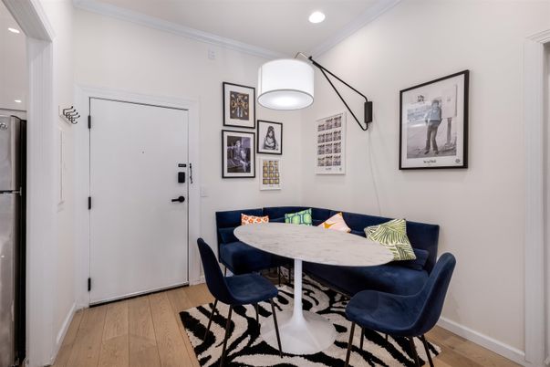 Dining room, Interior, Recessed Lighting, Wood Texture Flooring