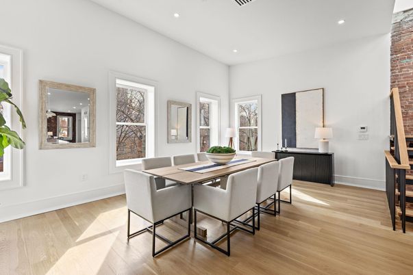 Dining room, Interior, Recessed Lighting, Stone Walls, Wood Texture Flooring