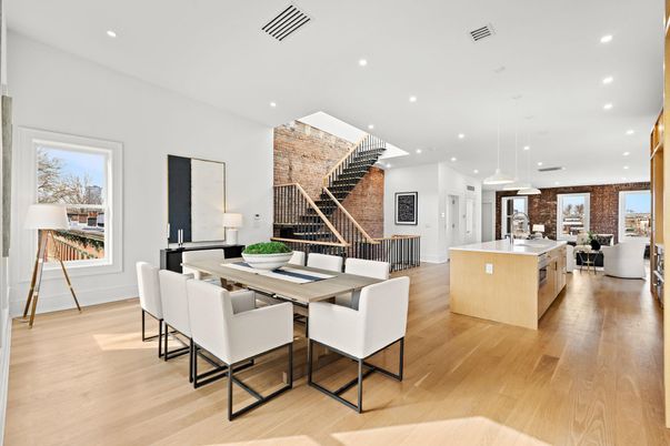 Dining room, Interior, Kitchen, Living room, Pendant Lights, Recessed Lighting, Stainless Steel Appliances, Stone Walls, Wood Texture Flooring