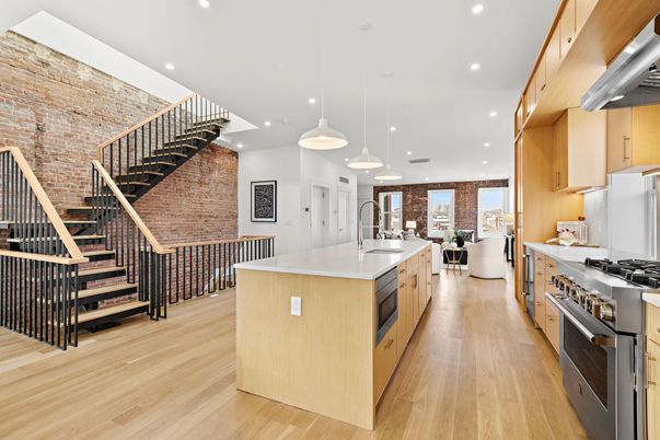 Interior, Kitchen, Pendant Lights, Recessed Lighting, Stainless Steel Appliances, Stone Walls, Wood Texture Flooring