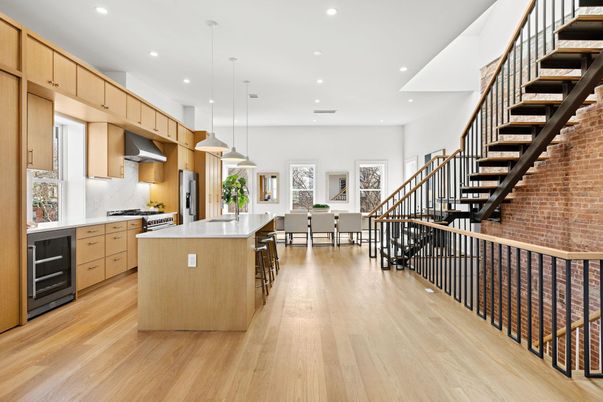 Dining room, Interior, Kitchen, Pendant Lights, Recessed Lighting, Stainless Steel Appliances, Wood Texture Flooring