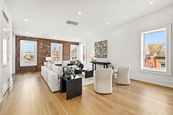 Interior, Living room, Recessed Lighting, Stone Walls, Wood Texture Flooring